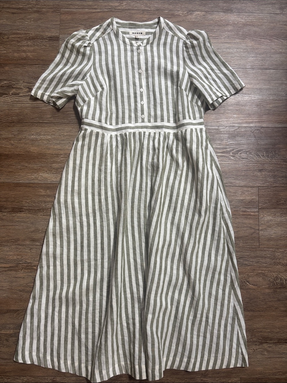 Boden Ivy Olive & Cream Stripe Button Down 100% Linen Midi Dress Women's Size 16